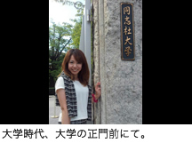 大学時代、大学の正門前にて。
